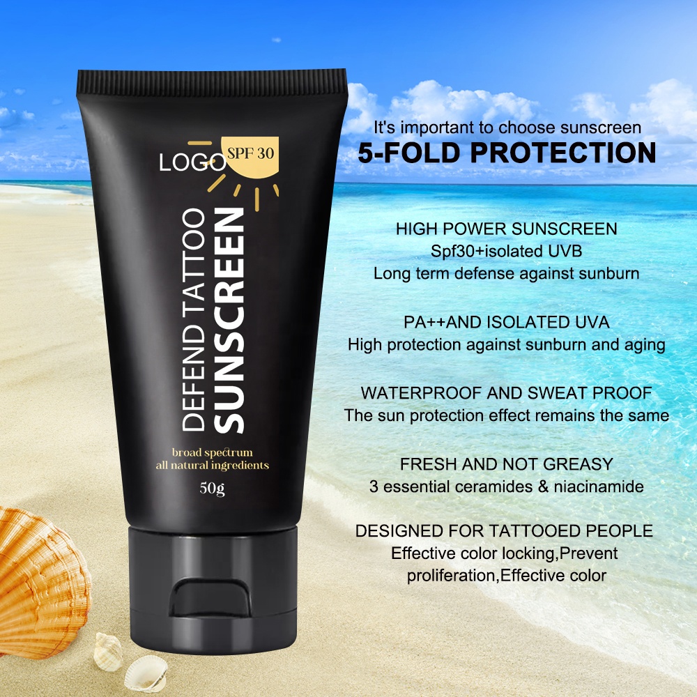 Custom Logo Natural Tattoo Care Lotion Sunscreen SPF 30 UVA/UVB Protection Tattoo Color Moisturizer Aftercare Tattoo Sunscreen