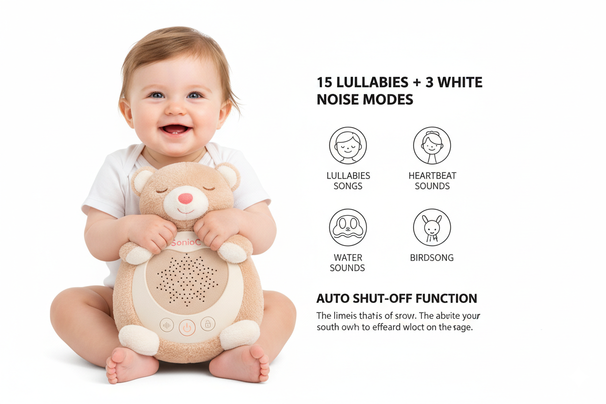 Cute Teddy Bear Portable Sleep Sound Toy 3 White Noise Modes 15 Calming Music Night Light Projector Foam Rubber Filled Plastic