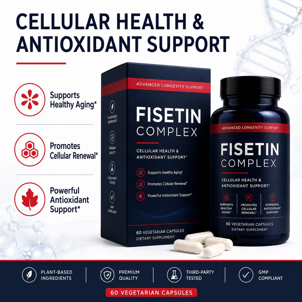 Private Label Fisetin Complex 500mg with Quercetin &amp; Resveratrol for Cellular Health Support OEM 60ct Supplement Bulk