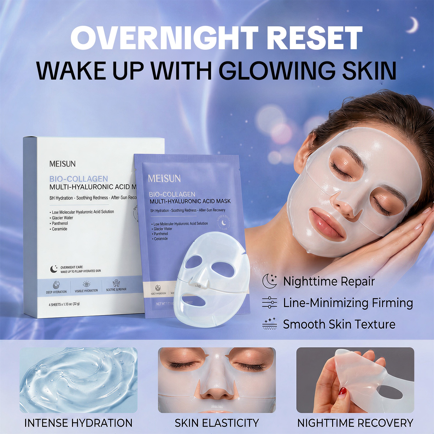 Bio Collagen Multi Hyaluronic Acid Hydrogel Mask Deep Hydration Overnight Hydrating Pore Tightening Facial Sheet Mask OEM ODM