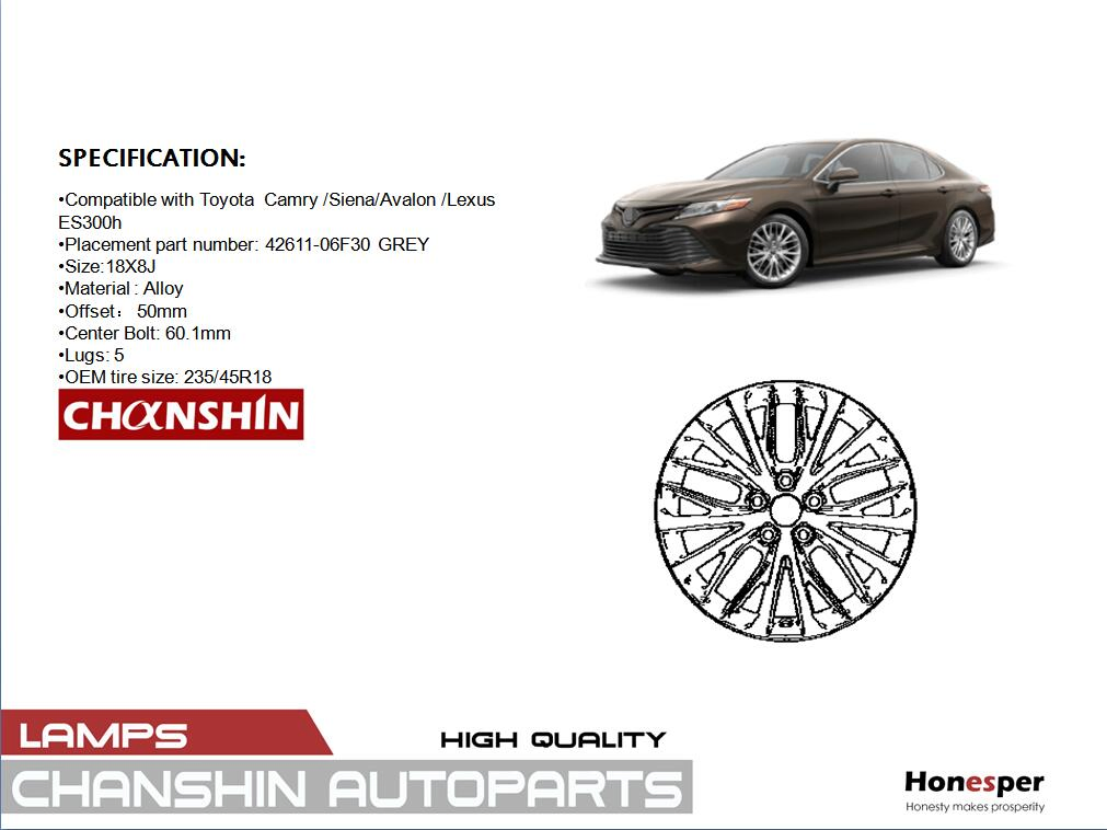 Wholesale Car Spare Parts Car Accessories Auto-Parts Body Parts Alloy Wheel Rim 18inch 18X8j for Toyota Camry 2018- 15 Spokes Grey