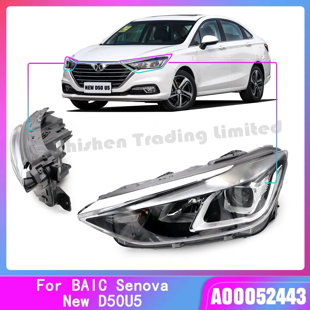 Baic Auto Spare Part Auto Accessory Car Spare Part for New D50u5 Front Combination Lamp Assembly Front Bar Headlight High and Low Beam Headlight LED Lighting