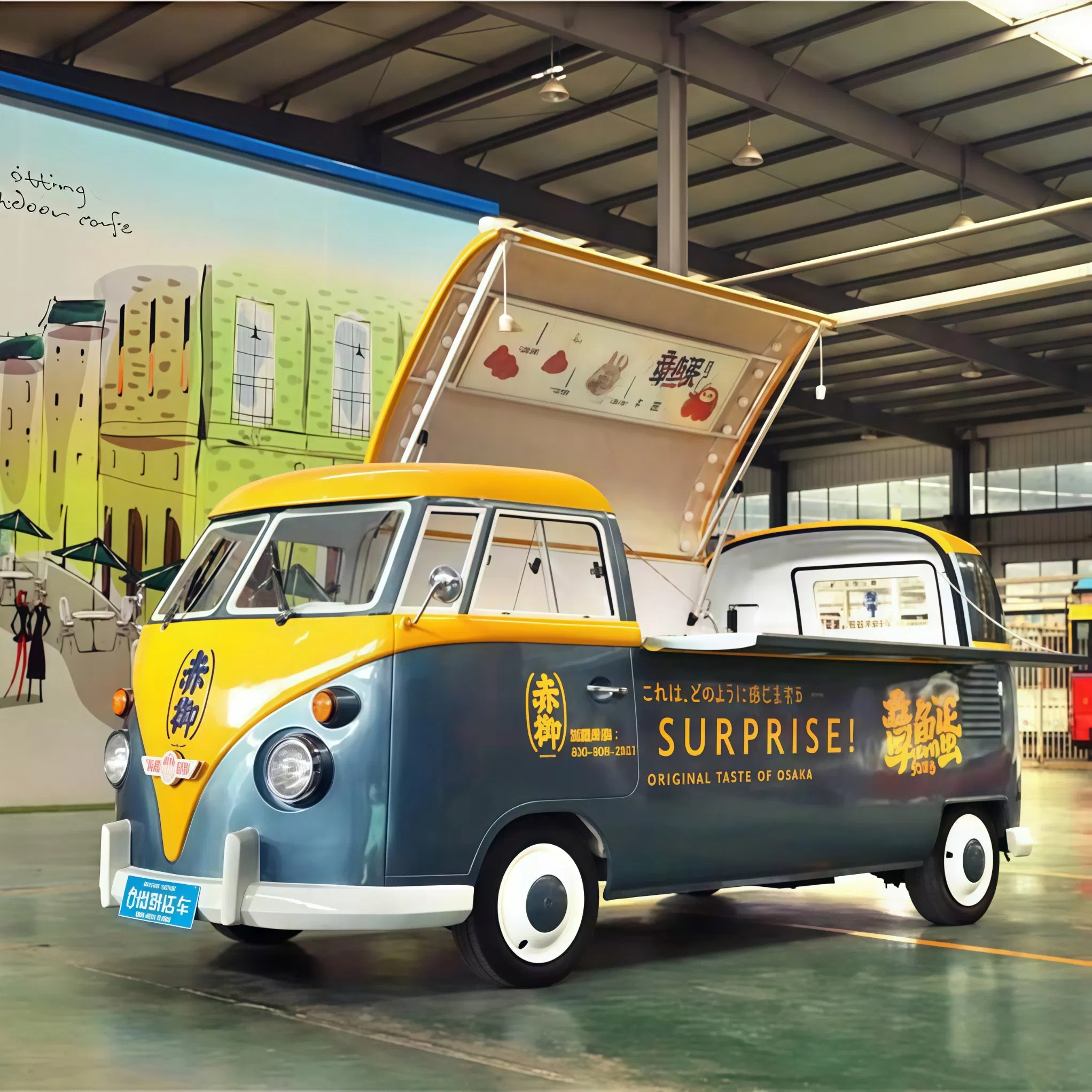 VW-T1 شاحنة طعام متنقلة كهربائية مخصصة للمطبخ العتيق لتقديم القهوة والآيس كريم والوجبات الخفيفة والشواء والبيرة والعصير والهوت دوغ والبرغر