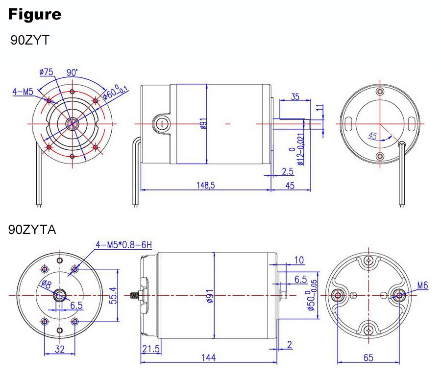 90ZYT 12V-150VDC 0.58n. M-1.2n. M 3000rpm Customized Electric Brush Brushed Permanent Magnet PMDC DC Motor