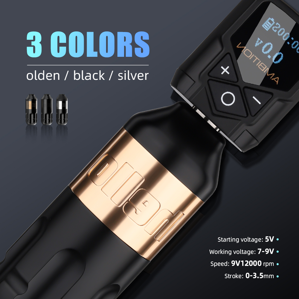 Ambition Hello Strong Coreless Motor 3.5mm/4mm Stroke Short Rotary Tattoo Pen Machine Kit with RCA Wireless Battery for Body Art