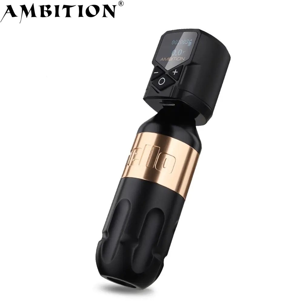 Ambition Hello Strong Coreless Motor 3.5mm/4mm Stroke Short Rotary Tattoo Pen Machine Kit with RCA Wireless Battery for Body Art