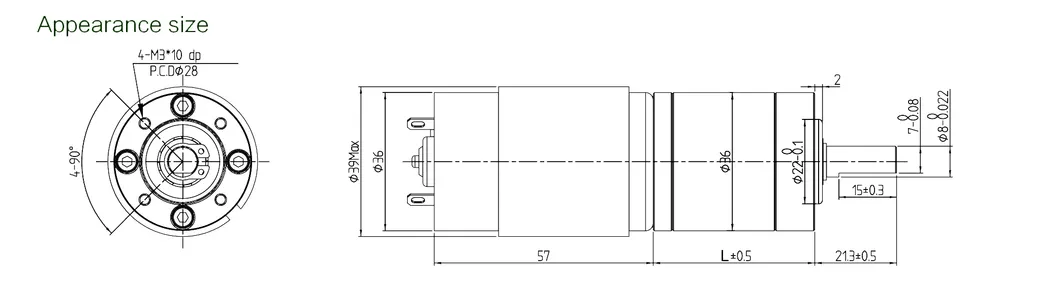 Technical Drawing 36mm Brushless DC Gear Motor