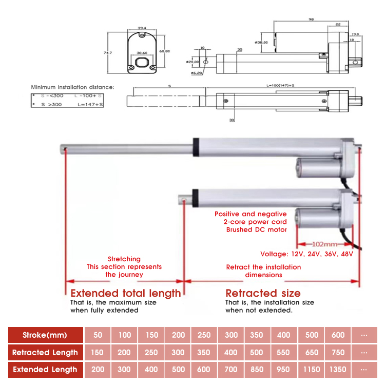 550mm Stroke Multifunctional 1500N-100N Load DC12V Mini Electric Linear Actuator Linear Motor
