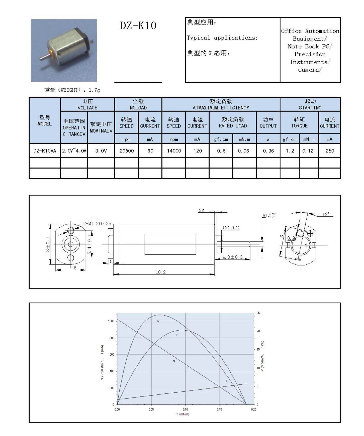 K10 Micro Motor DC 3V 20500rpm for Precision Instruments