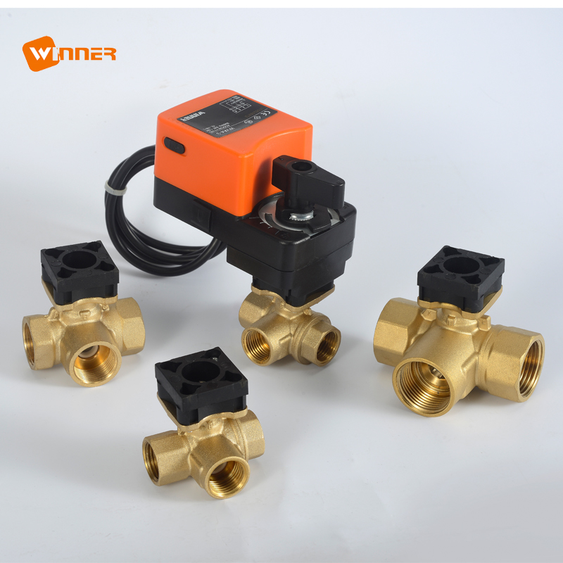 Winvall 6N.m Electric Actuator FCU Motorised Valves Electric Control 3 Way Ball Valve 220VAC Three Way Motorize Brass Ball Valve