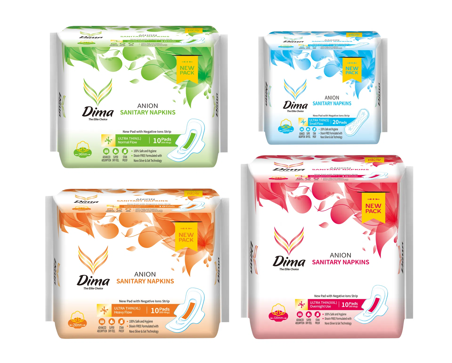 Absorventes Noturnos Premium para Mulheres Todas as Tamanhos Disponíveis