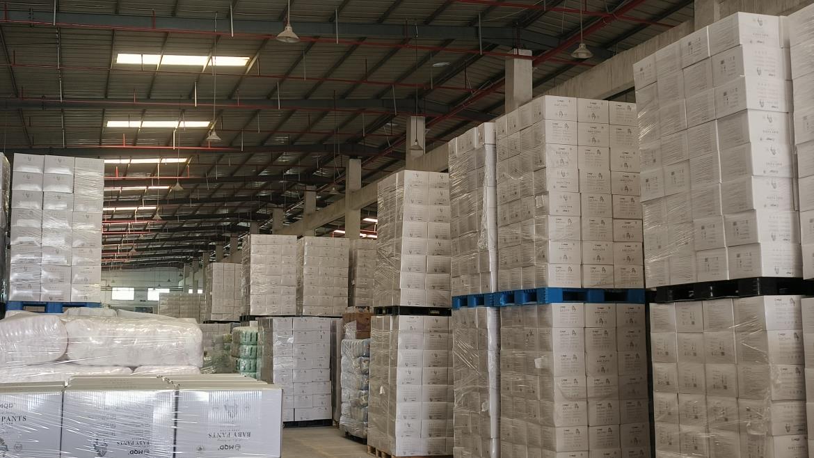 Armazém e armazenamento de caixas de produtos higiênicos Kratzer Health prontos para exportação
