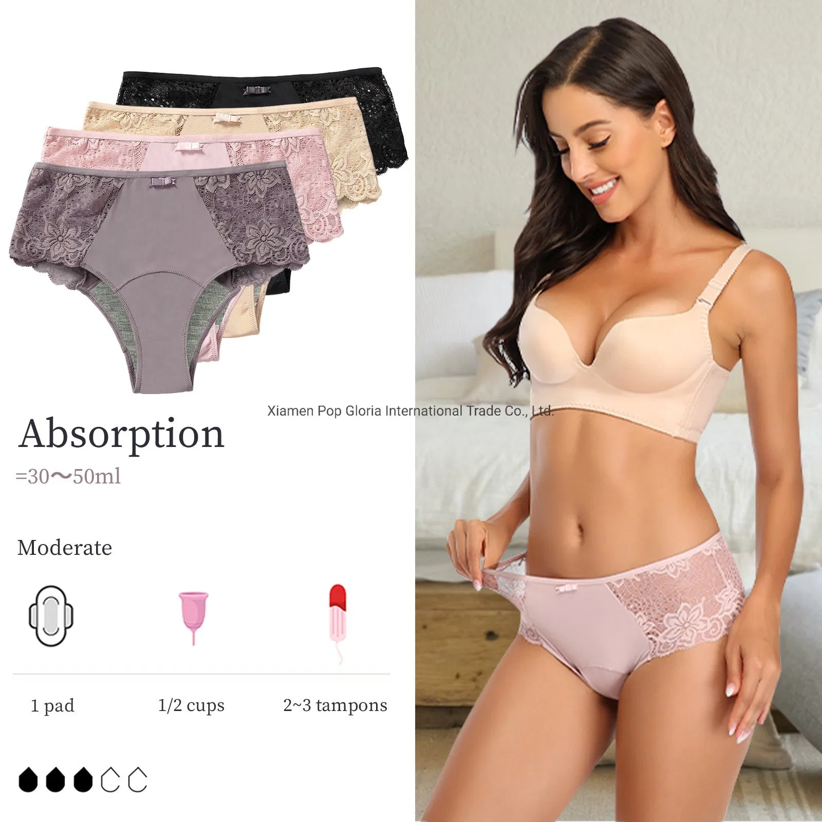 Intiflower 603 4 Camada de Absorção Calça de Bamboo Incontinência à Prova de Vazamento Cueca para Menstruação Noturna Fluxo Pesado Período Calcinhas Menstruais