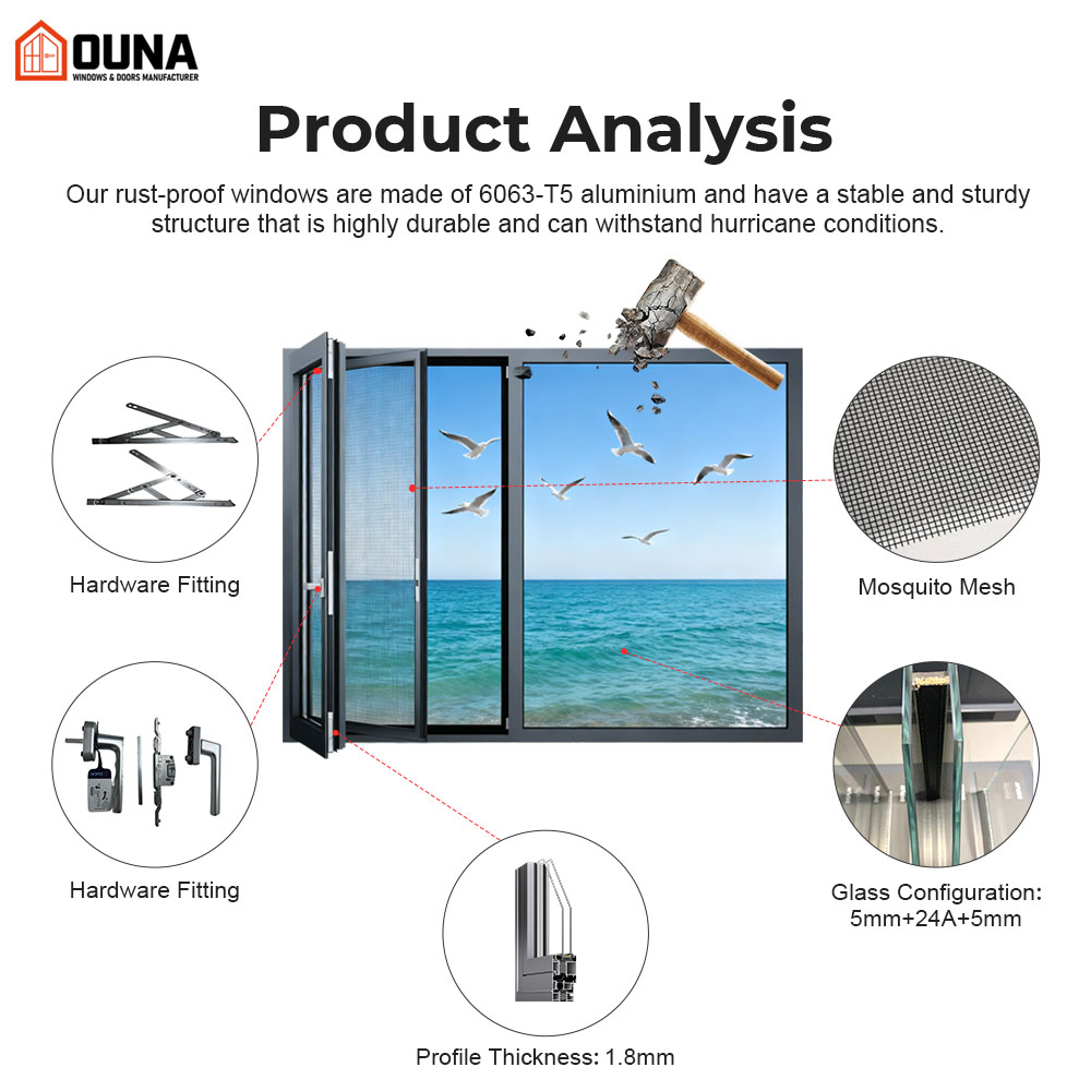 OUNA American Style Home Casement Window Hurricane Double Tempered Glazed Casement Windows NFRC Aluminum Frame Casement Window