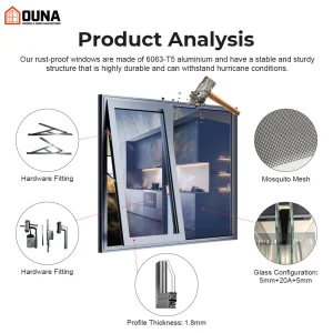 OUNA Australia Simple Design Hot Sell Aluminum Awning Window Thermal Break Double Tempered Glass AS2047Certified Casement Window