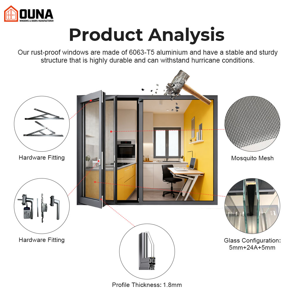 OUNA Hurricane Proof High Impact Black Aluminum Alloy Thin Profile Aluminium Windows and Doors Casement Window S for USA