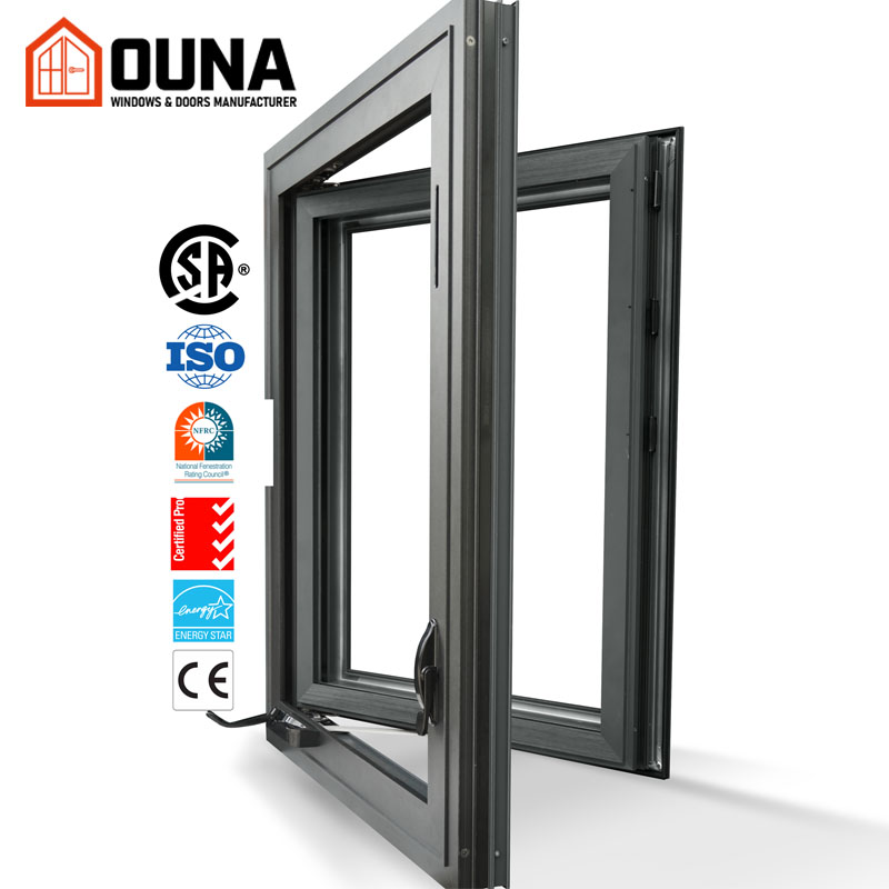 OUNA Hurricane Impact Proof Aluminum Alloy Casement Window Customizable Energy Efficient Thermal Break Double Tempered Glass