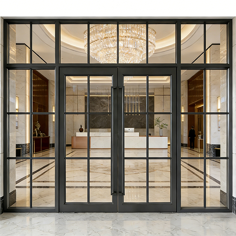 OUNA Modern Exterior Anti-Theft Windproof Aluminum Alloy Framed Glass Commercial Storefront Push-Pull Door