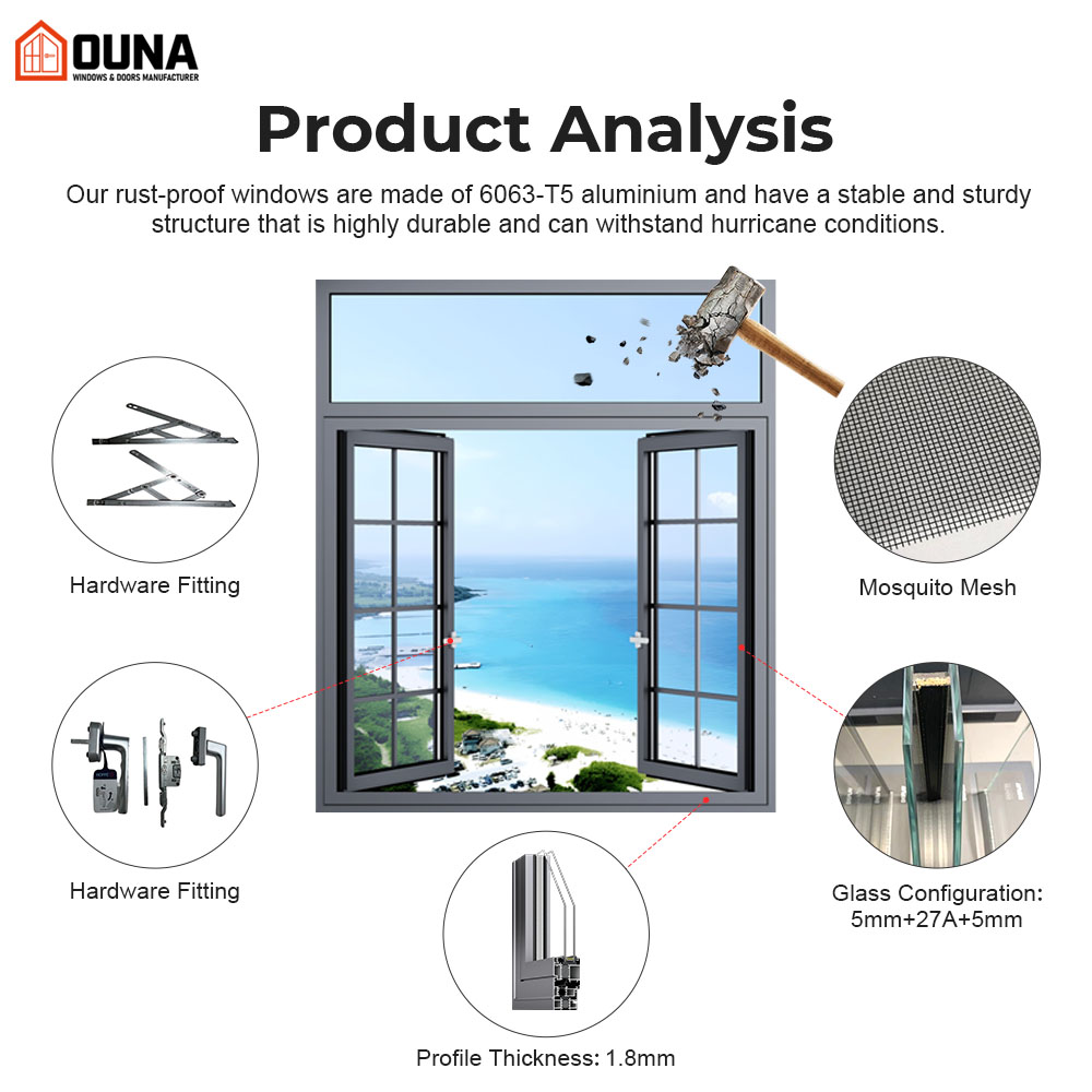 OUNA High Quality Aluminium Windows CSA Energy Efficient Triple Glaze NFRC windows Thermal Break Aluminum Casement Window