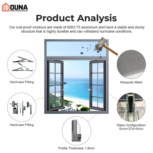OUNA High Quality Aluminium Windows CSA Energy Efficient Triple Glaze NFRC windows Thermal Break Aluminum Casement Window