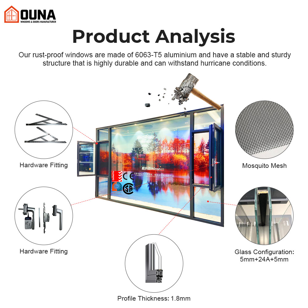 OUNA Modern Aluminum Black Frame Casement Windows Energy Saving CSA NFRC Double Tempered Glazed Swing Aluminum Windows