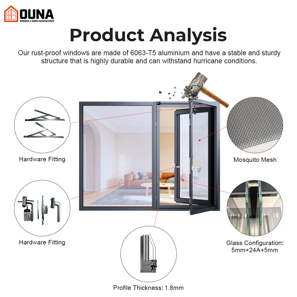 OUNA American Style Impact Resistant Double Glazed Black Frame Aluminum Crank Push Out Casement Windows Heat Insulation Argon
