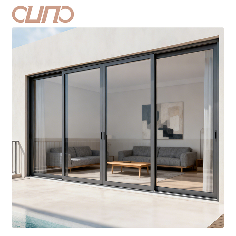 OUNA AS2047 Modern Black Aluminum Double Layered Tempered Glass Villa Patio Sliding Door Energy Efficient Sliding Patio Doors