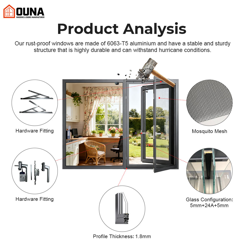 OUNA NFRC CSA Certificates Swing Casement Window Hurricane Impact Proof Thermal Break Double Glazed Aluminum Windows With Screen