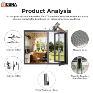 OUNA NFRC CSA Certificates Swing Casement Window Hurricane Impact Proof Thermal Break Double Glazed Aluminum Windows With Screen