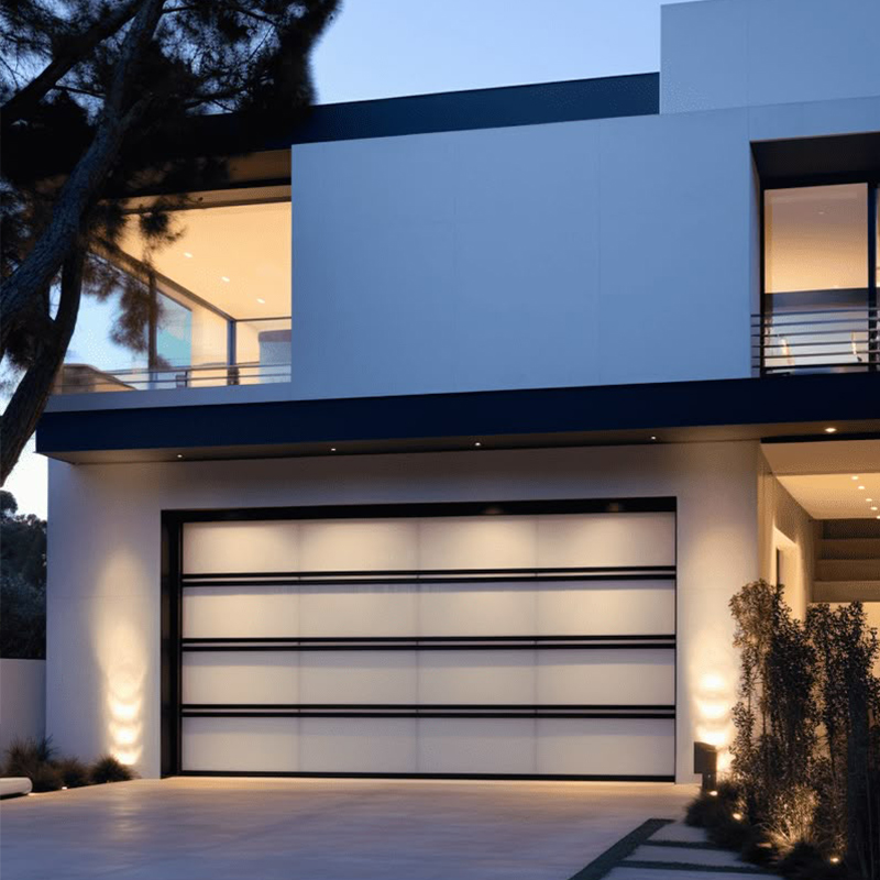 OUNA Slim Frame Glass Garage Door Maximizes Light and View Automatic Tempered Panels for Modern Architectural Homes