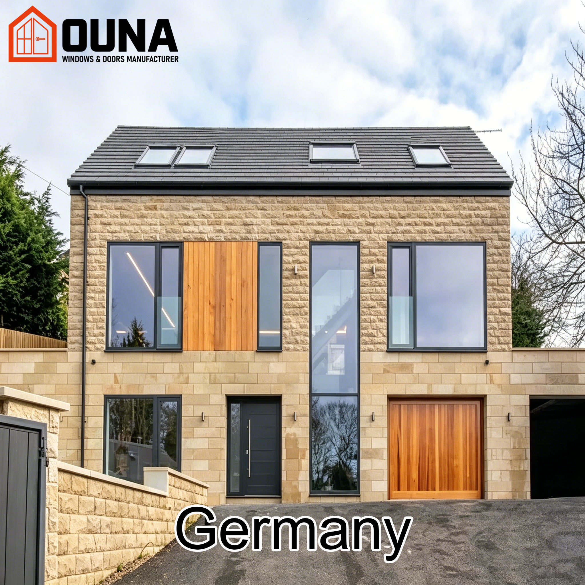 OUNA Germany Project Villa Ce Certified Aluminum Window Tempered Glass Heat Insulation Energy Efficient Entry Door Other Windows