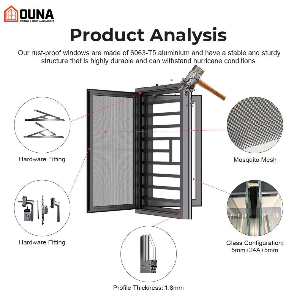 OUNA Aluminum Casement Window Tempered Double Glass Thermal Break Soundproof for Residential Building Hurricane Impact Proof