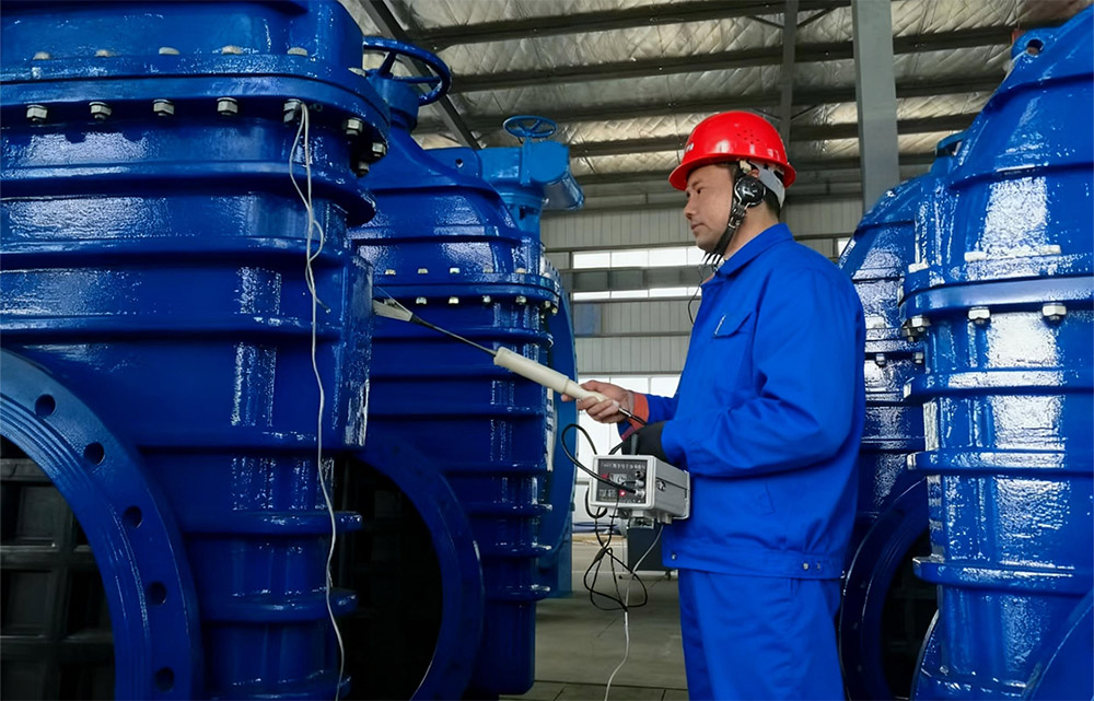 KR Valve quality inspection department conducting pressure and leakage tests on valves