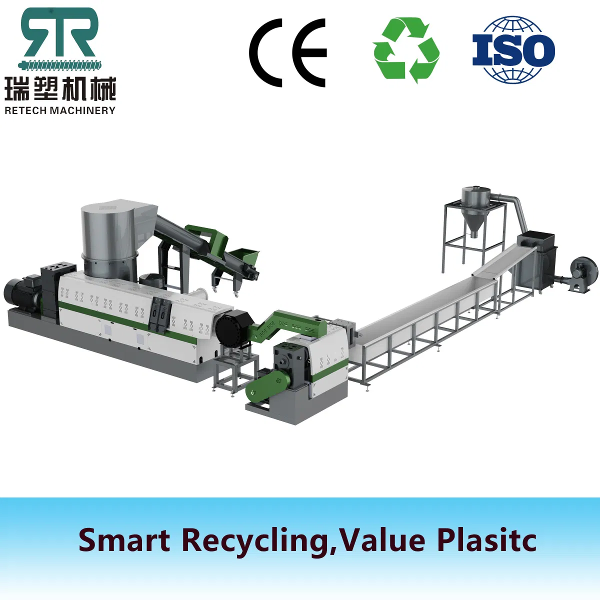 Linha de Reciclagem de Pelotização e Granulação de Flocos de Filme de PE/PP/LDPE LLDPE HDPE/ABS/PS/EPS/EVA/PA/TPU com Compactador e Extrusão por Face de Matriz
