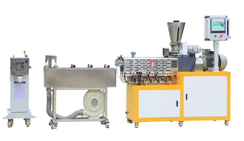 Linha de Granulação por Extrusão de Parafuso Duplo com Masterbatch de Alta Carga de Metal em Laboratório