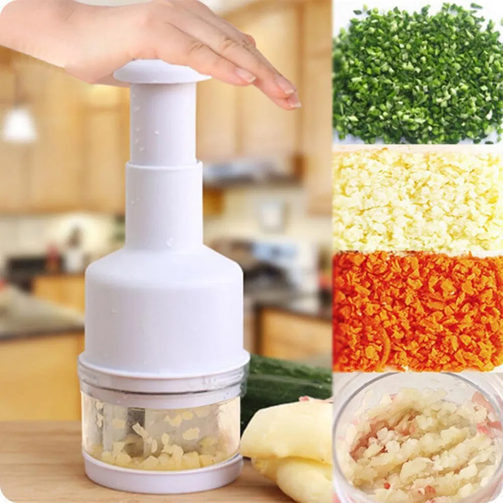 Cortador de cebolla con contenedor, picadores de ajo manuales, cortadores de verduras de mano para ajo, nuez, cuchillas de acero inoxidable, accesorios de cocina