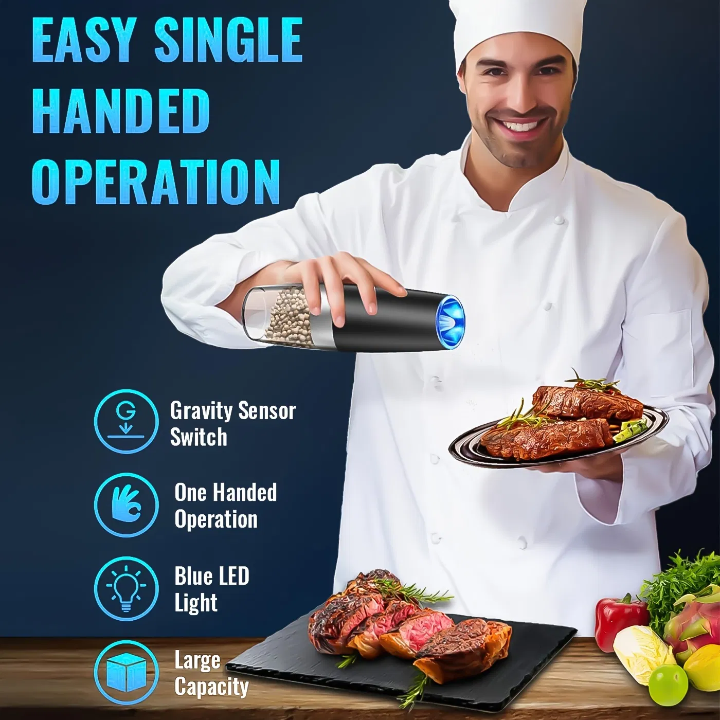 Molinos de pimienta automáticos de acero inoxidable con gravedad, molinillo de sal y pimienta ajustable con una mano, molinillo eléctrico de sal y pimienta con LED