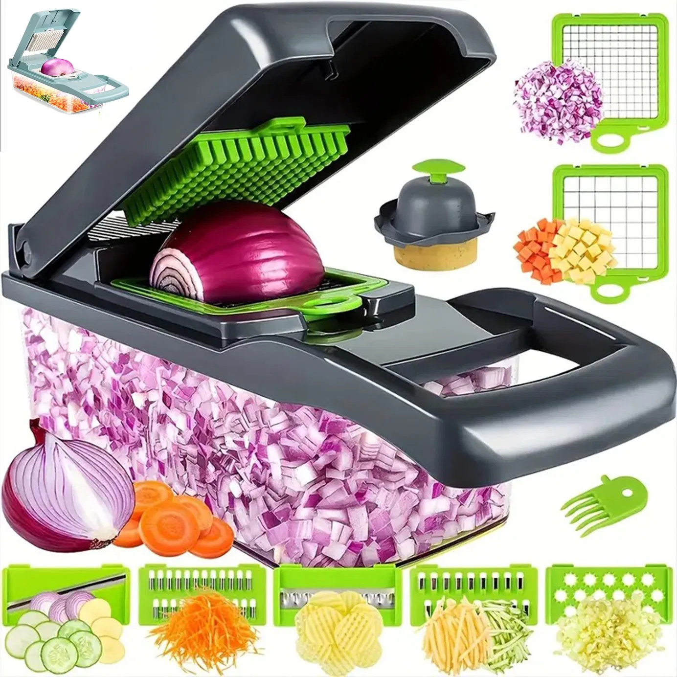 16 en 1 Cortador de cebolla manual multifuncional, rebanador de frutas, prensa de patatas, pelador, picador de verduras manual, triturador de ajo