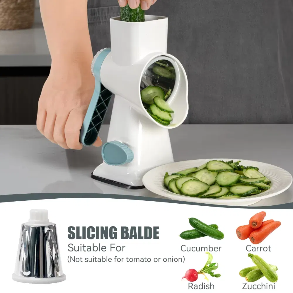 Rallador de Queso Manual con Base de Succión Antideslizante 3 Cuchilla de Acero Inoxidable Fácil de Limpiar Cortador de Verduras Rallador de Queso