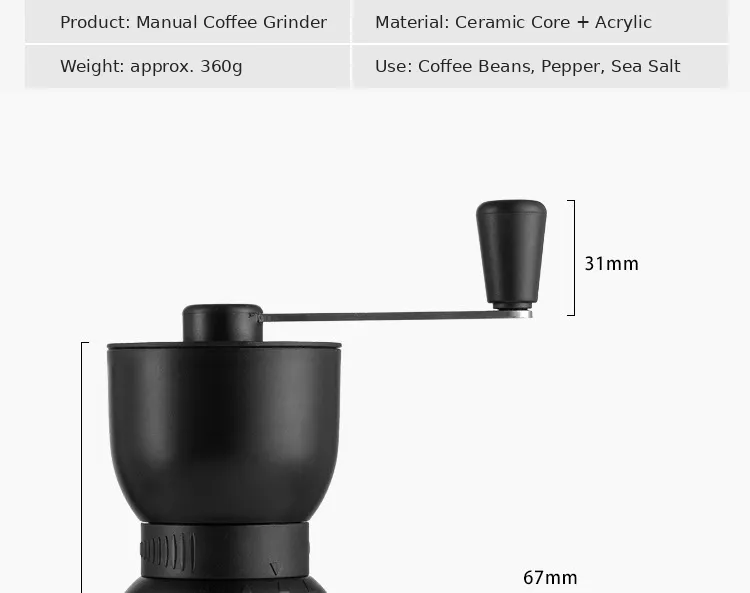 Molino de café manual portátil con manivela para espresso, prensa francesa y vertido