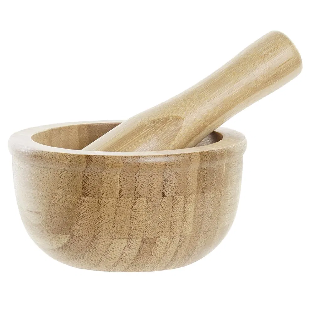 Mortero y mano de madera, artesanía tailandesa, molinillo de especias y hierbas, triturador de pastillas