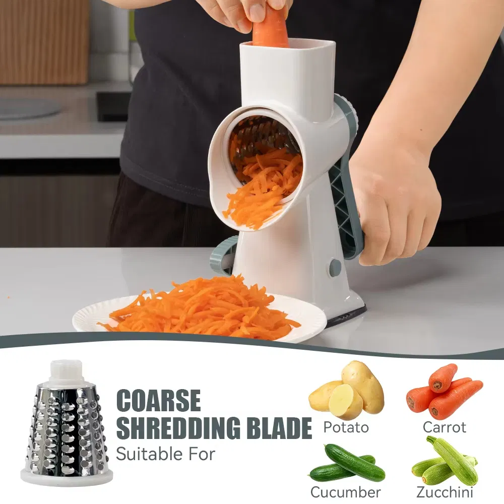 3 en 1 Manual Rallador de Queso Rotativo Redondo Cortador de Verduras Patata Zanahoria Mandolina Picadora de Verduras Rallador de Cocina de Acero Inoxidable Rallador de Queso