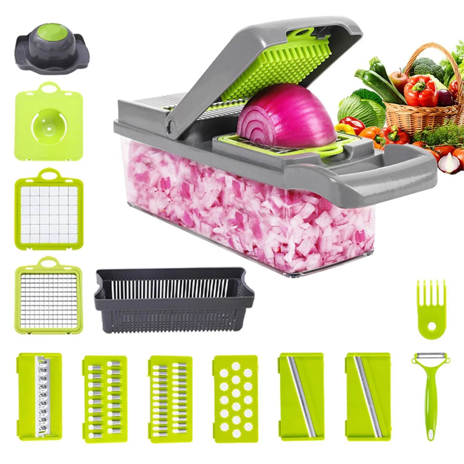 16 en 1 Cortador de cebolla manual multifuncional, rebanador de frutas, prensa de patatas, pelador, picador de verduras manual, triturador de ajo