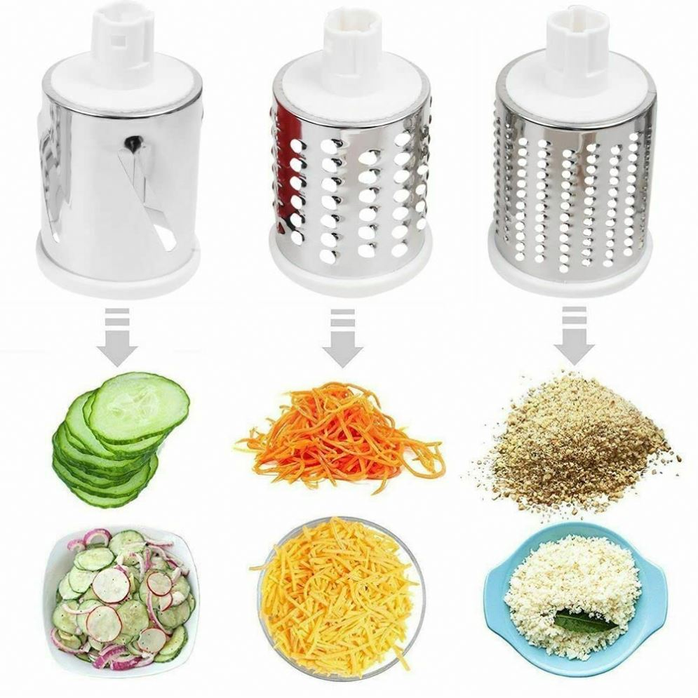 Venta al por mayor 3 en 1 Rallador de queso rotativo redondo con caja de tumbling, triturador de tambor multifuncional para frutas y verduras con mango