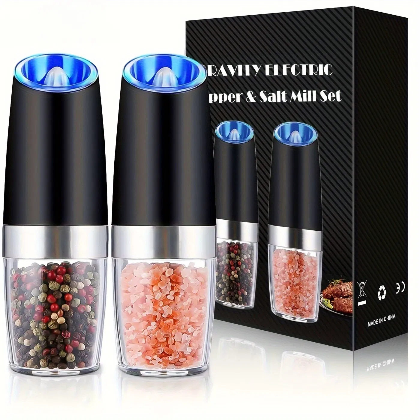 Molinos de pimienta automáticos de acero inoxidable con gravedad, molinillo de sal y pimienta ajustable con una mano, molinillo eléctrico de sal y pimienta con LED