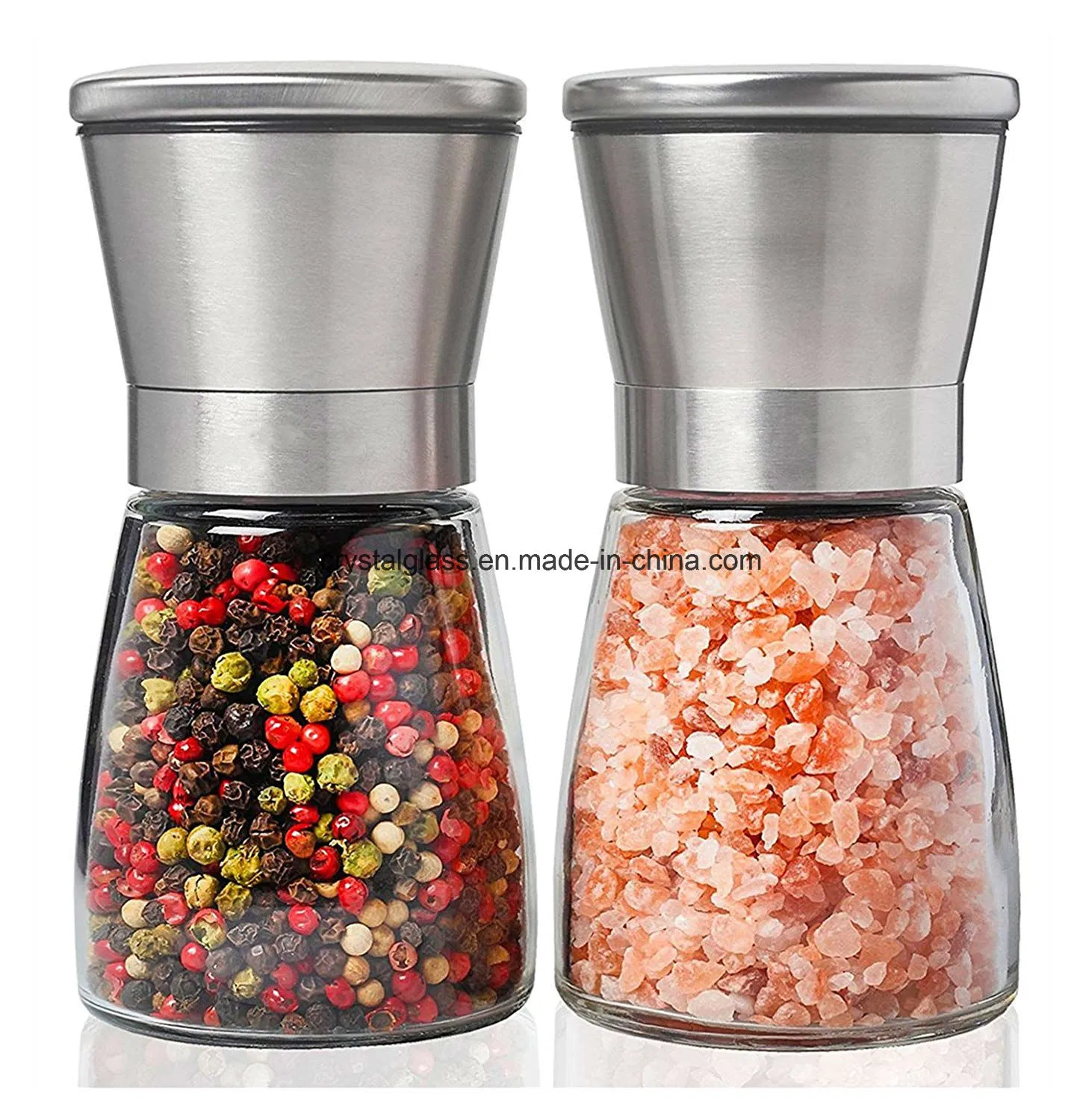 Molinillos de sal y pimienta de vidrio con cepillo de acero inoxidable, molinillo de sal rosa del Himalaya