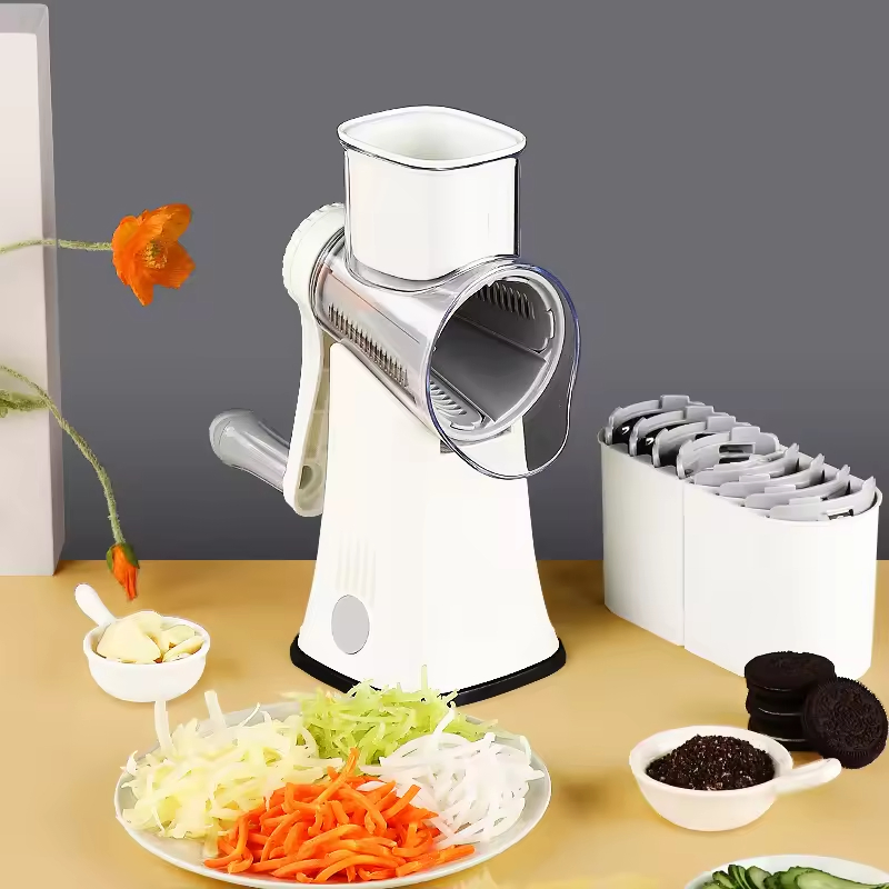 3 en 1 Manual Rallador de Queso Rotativo Redondo Cortador de Verduras Patata Zanahoria Mandolina Picadora de Verduras Rallador de Cocina de Acero Inoxidable Rallador de Queso