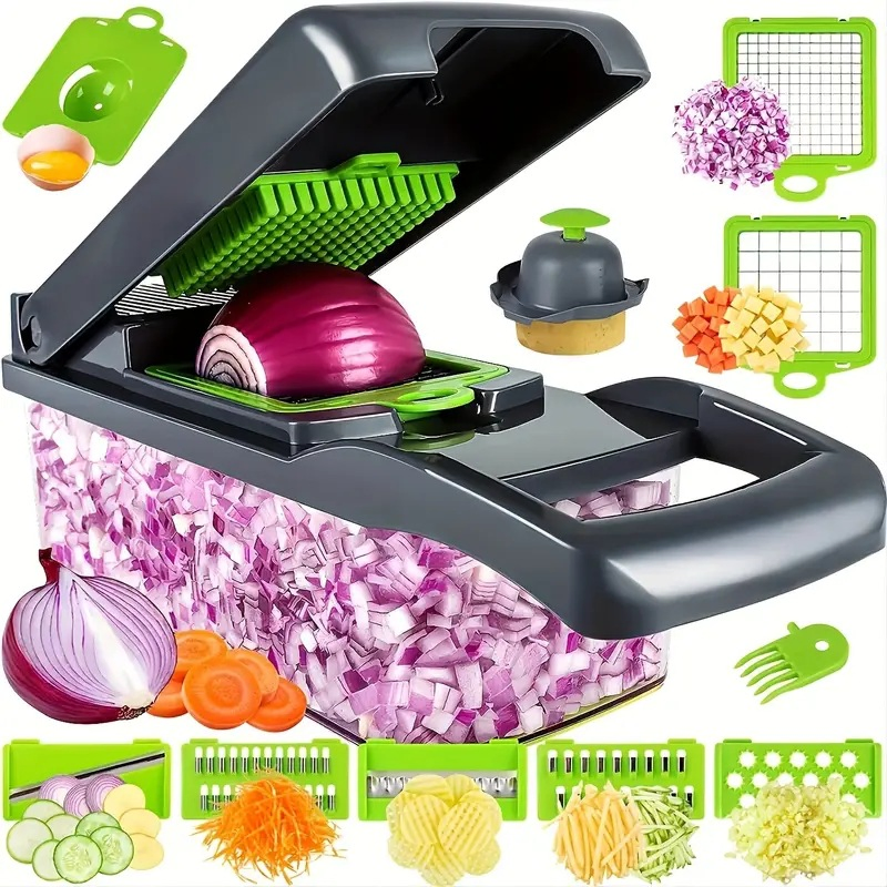 16 en 1 Cortador de cebolla manual multifuncional, rebanador de frutas, prensa de patatas, pelador, picador de verduras manual, triturador de ajo