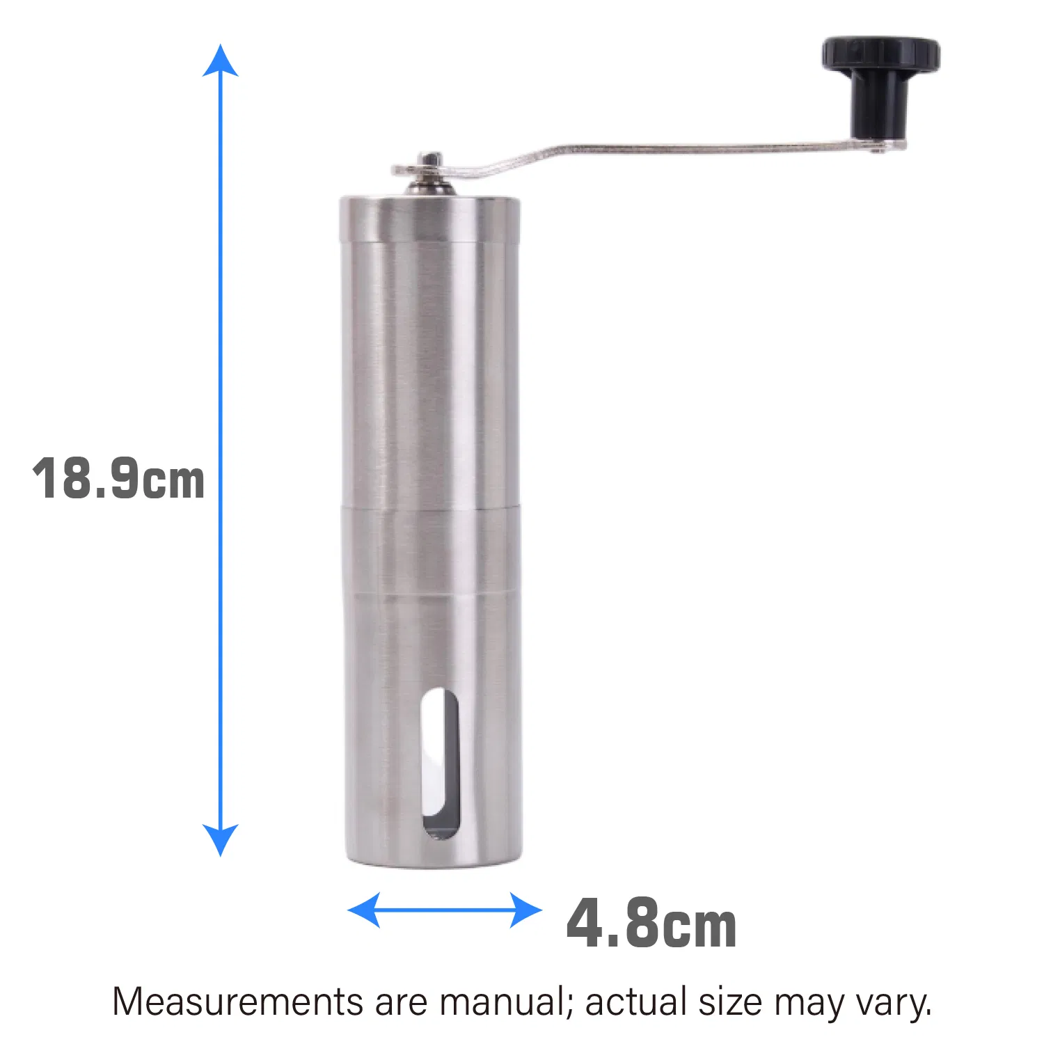 304 Molinillo de café manual de acero inoxidable con muela de cerámica y caja de polvo con ajuste ajustable para cocina en casa