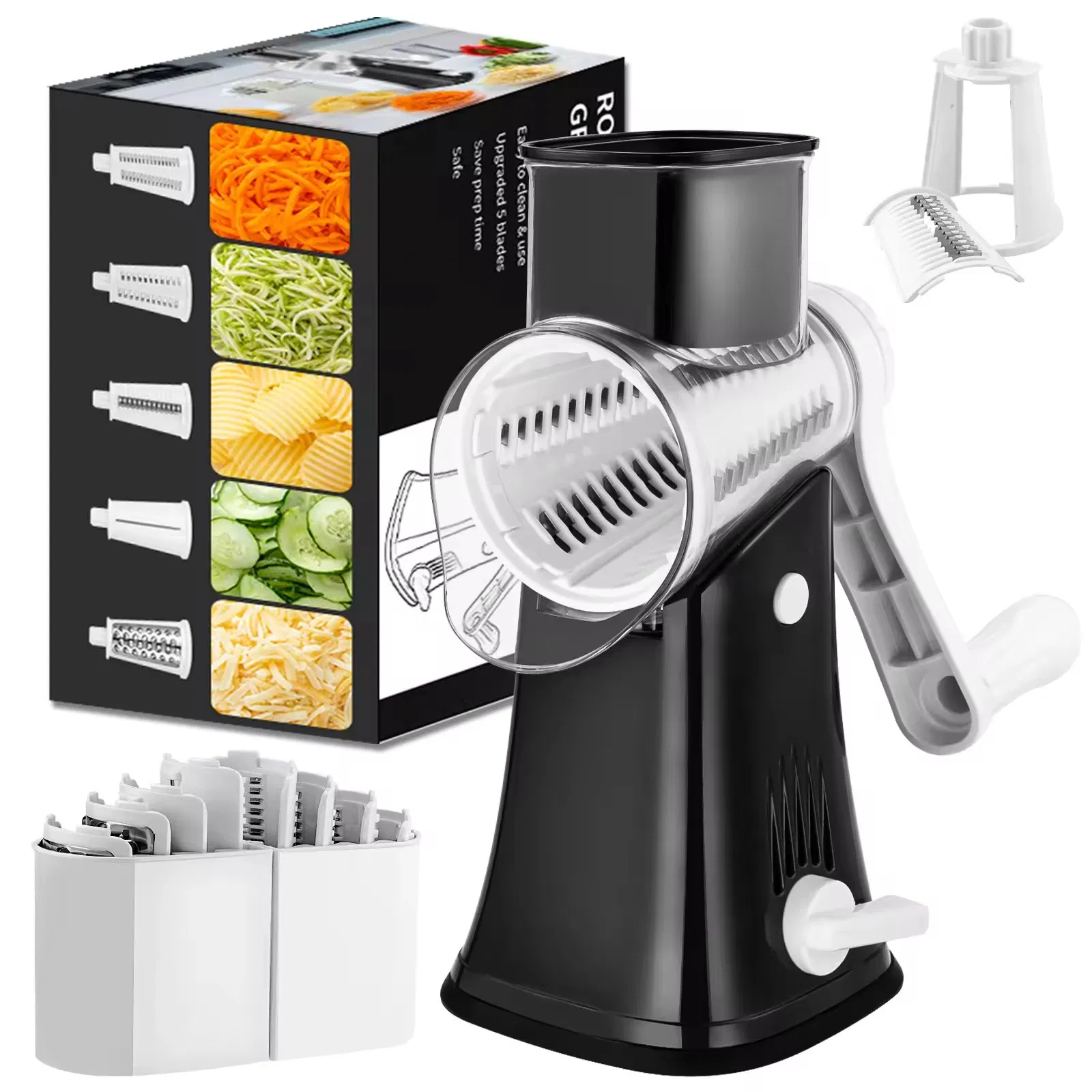 5 en 1 Manual de Rallador de Queso de Mano con Manivela, Mandolinas, Cortadores, Picadora de Alimentos, Cortador de Frutas, Rallador de Queso Rotatorio para Cocina